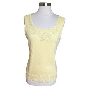 Vtg Shaver Lake Tank Top Size XL Yellow Lace Hem Jeweled Neck Coquette Soft Girl